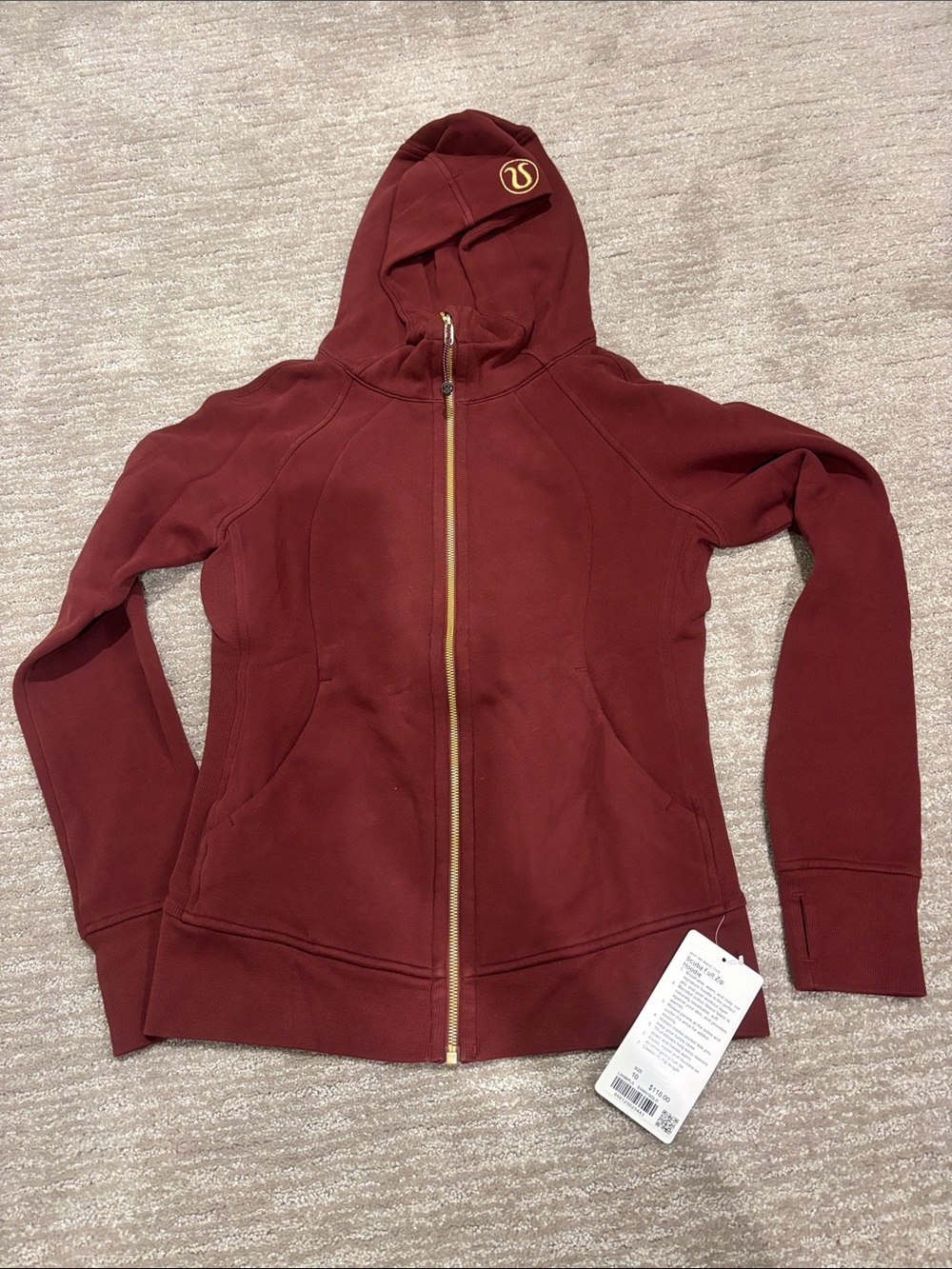 NWT Lululemon scuba full zip hoodie size 10 wine with gold trim